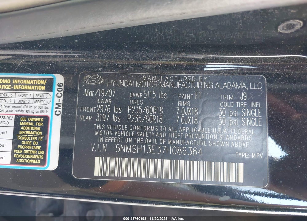 2007 HYUNDAI SANTA FE LIMITED/SE VIN: 5NMSH13E37H086364