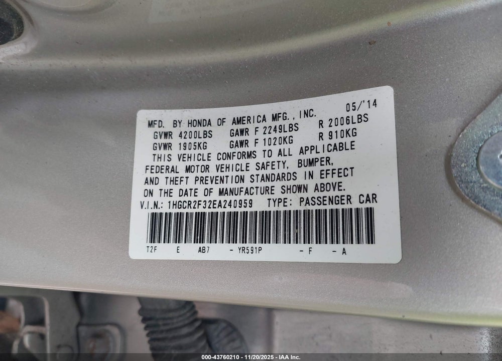2014 HONDA ACCORD LX VIN: 1HGCR2F32EA240959