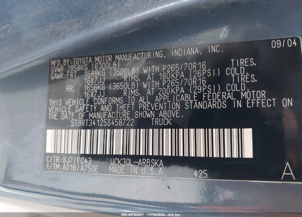 2005 TOYOTA TUNDRA SR5 V8 VIN: 5TBRT34125S458722