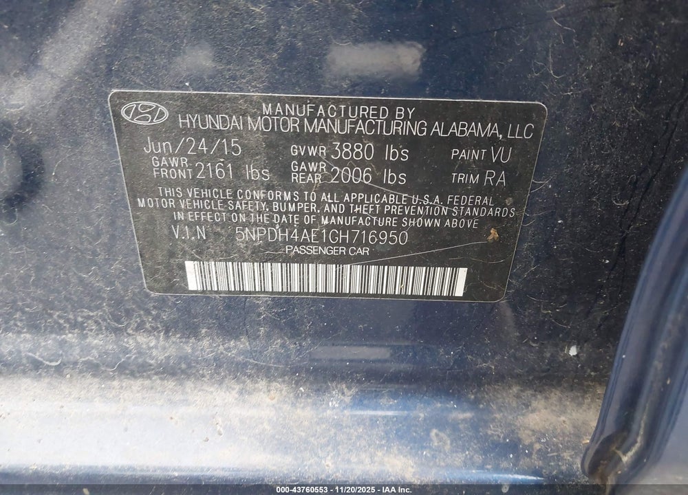 2016 HYUNDAI ELANTRA SE VIN: 5NPDH4AE1GH716950