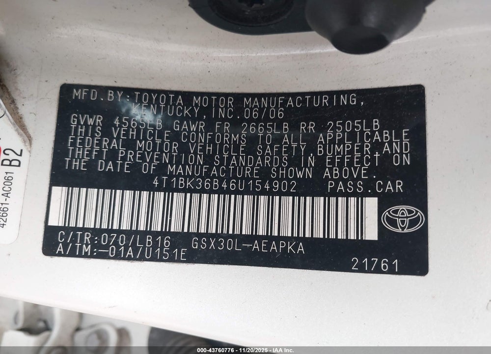 2006 TOYOTA AVALON LIMITED VIN: 4T1BK36B46U154902
