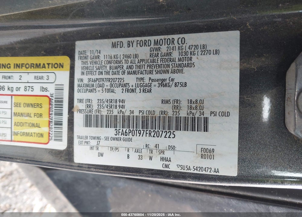 2015 FORD FUSION SE VIN: 3FA6P0T97FR207225
