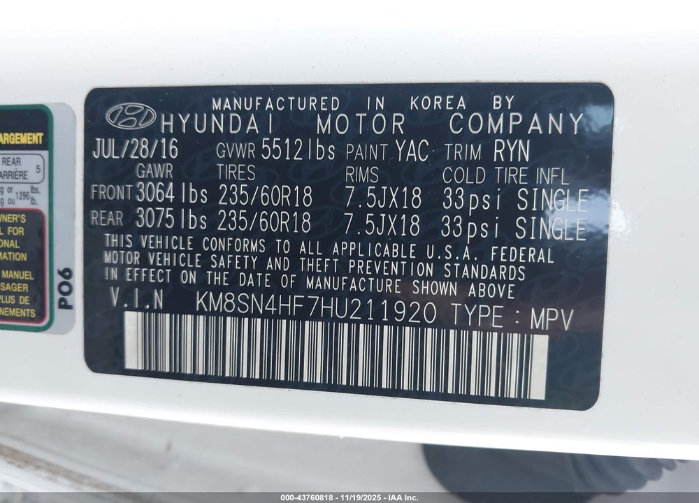 2017 HYUNDAI SANTA FE SE VIN: KM8SN4HF7HU211920