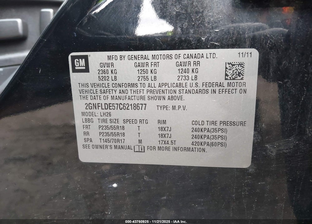 2012 CHEVROLET EQUINOX 1LT VIN: 2GNFLDE57C6218677