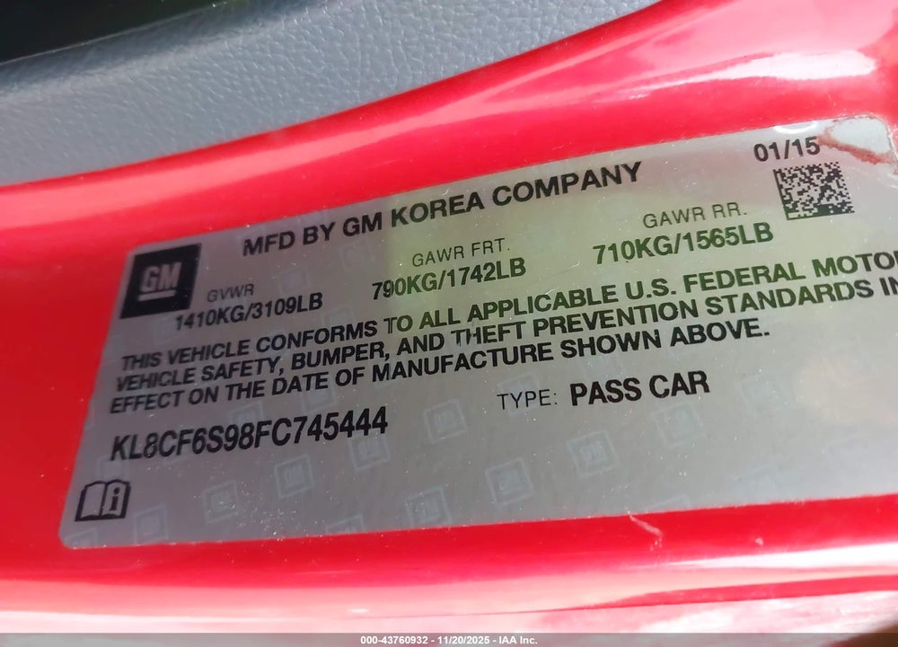 2015 CHEVROLET SPARK 2LT CVT VIN: KL8CF6S98FC745444