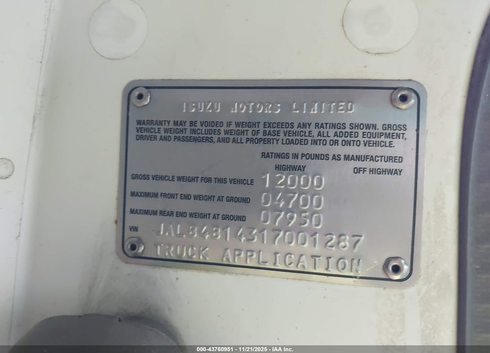 2001 ISUZU NPR VIN: JALB4B14317001287