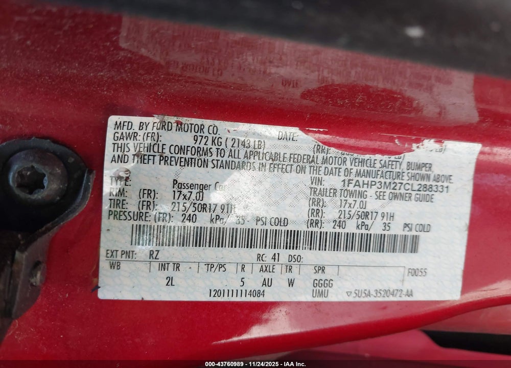 2012 FORD FOCUS SEL VIN: 1FAHP3M27CL288331