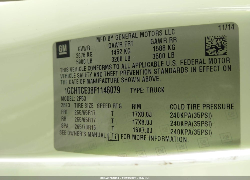 2015 CHEVROLET COLORADO VIN: 1GCHTCE38F1146079