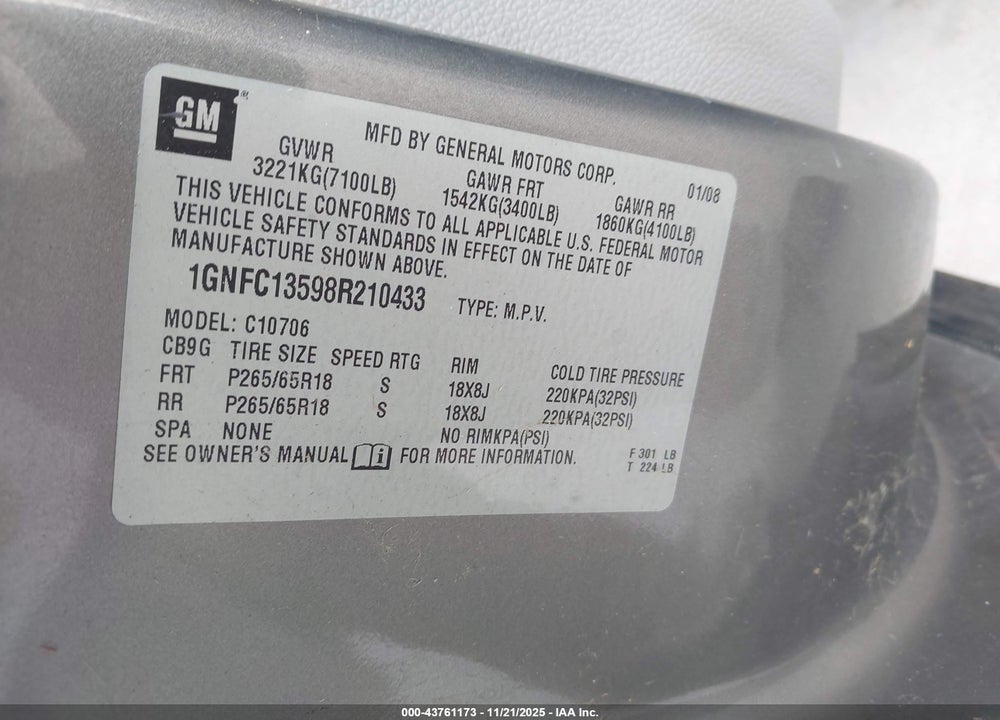 2008 CHEVROLET TAHOE HYBRID VIN: 1GNFC13598R210433