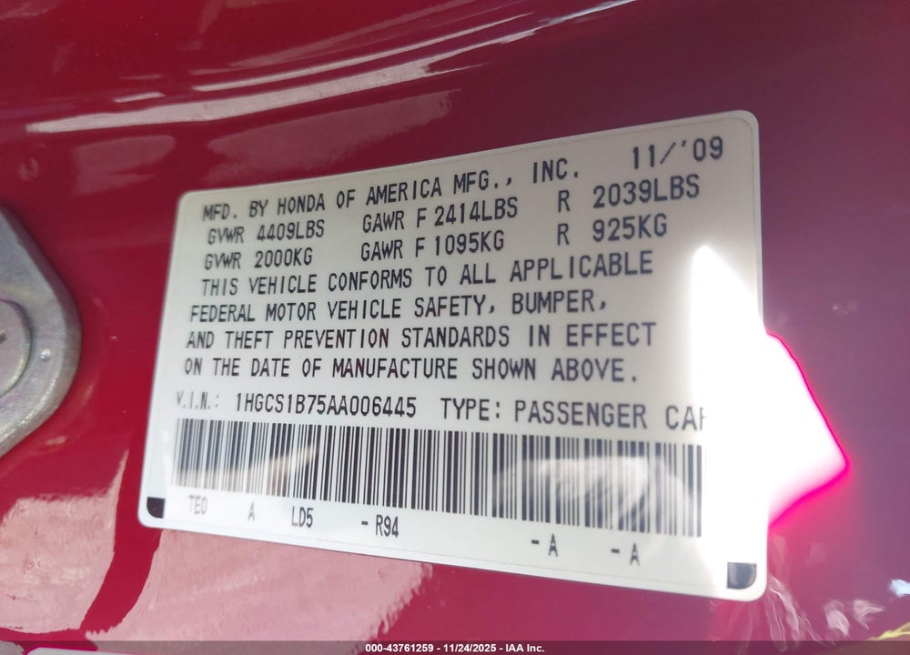 2010 HONDA ACCORD 2.4 EX VIN: 1HGCS1B75AA006445