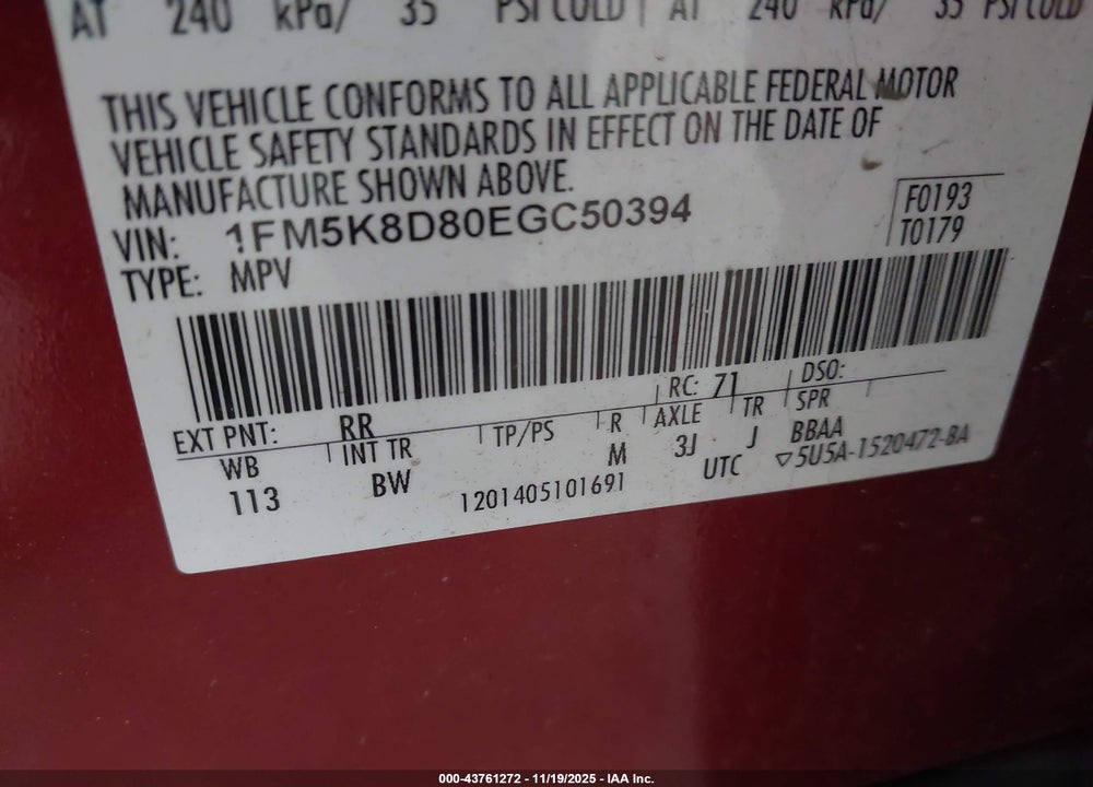2014 FORD EXPLORER XLT VIN: 1FM5K8D80EGC50394