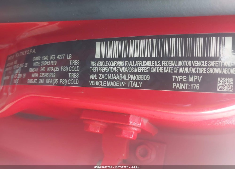 2020 JEEP RENEGADE STER FWD VIN: ZACNJAAB4LPM08909