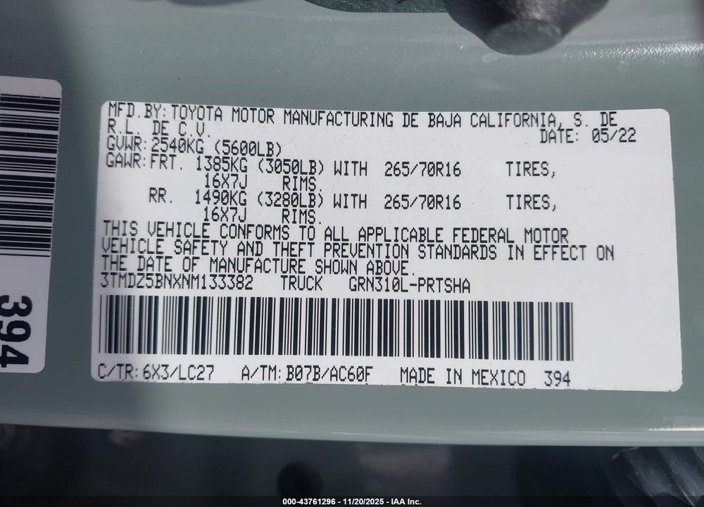 2022 TOYOTA TACOMA TRD OFF ROAD VIN: 3TMDZ5BNXNM133382
