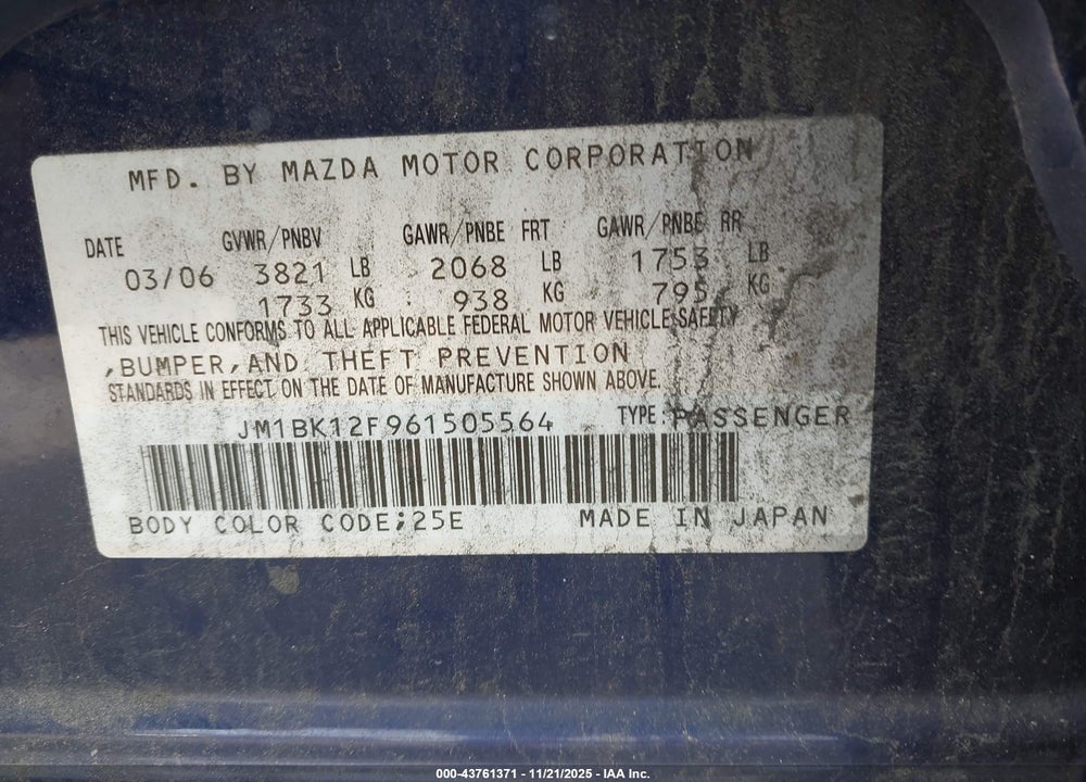 2006 MAZDA 3 I VIN: JM1BK12F961505564