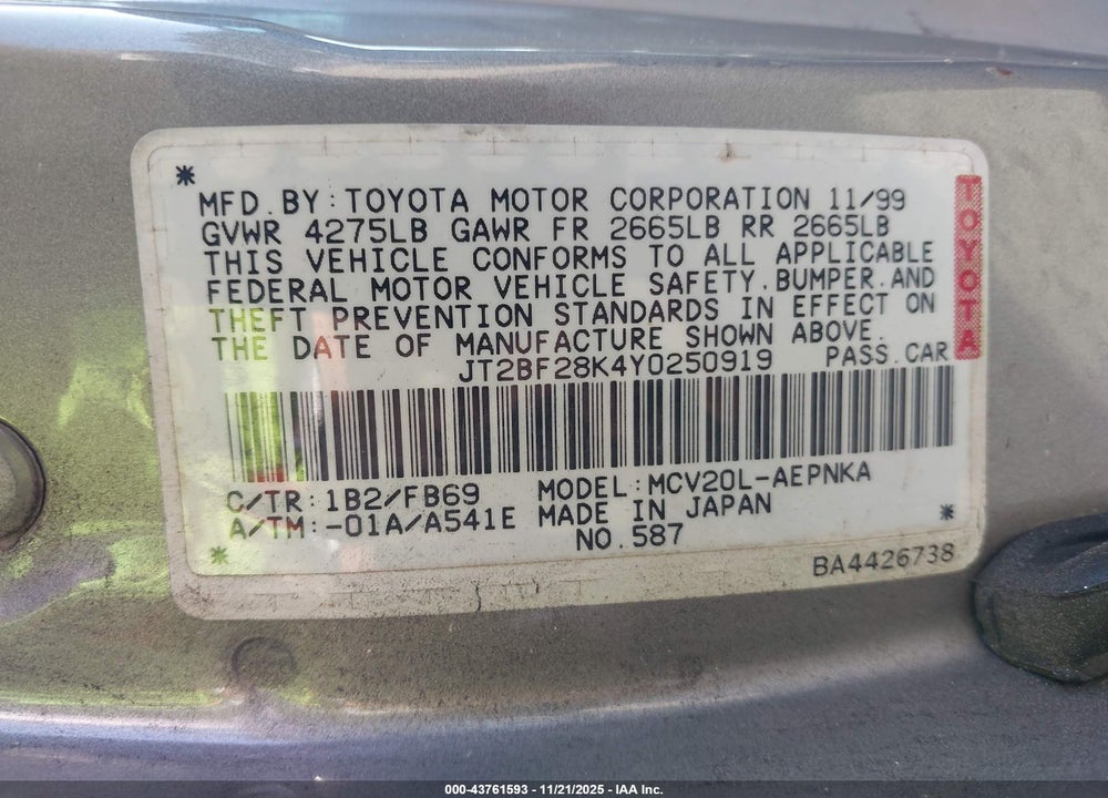 2000 TOYOTA CAMRY LE V6 VIN: JT2BF28K4Y0250919