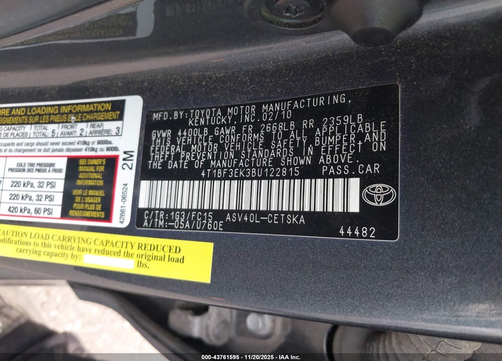 2011 TOYOTA CAMRY VIN: 4T1BF3EK3BU122815