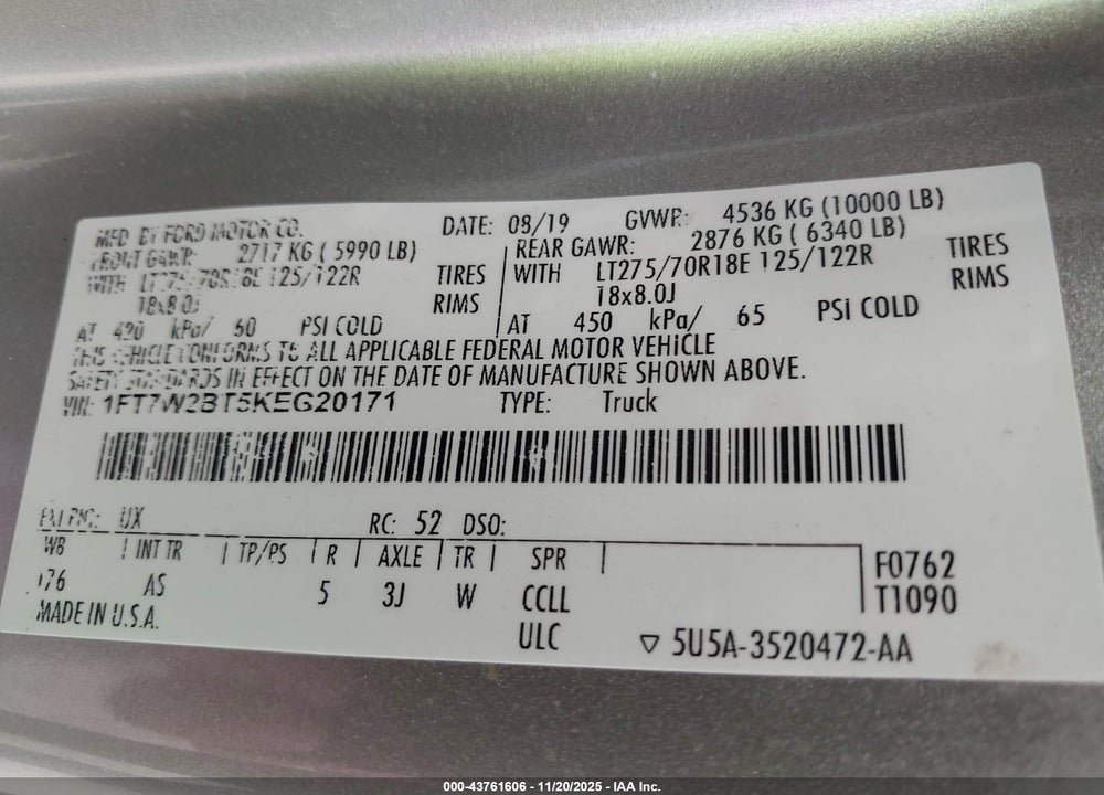 2019 FORD F-250 XL VIN: 1FT7W2BT5KEG20171