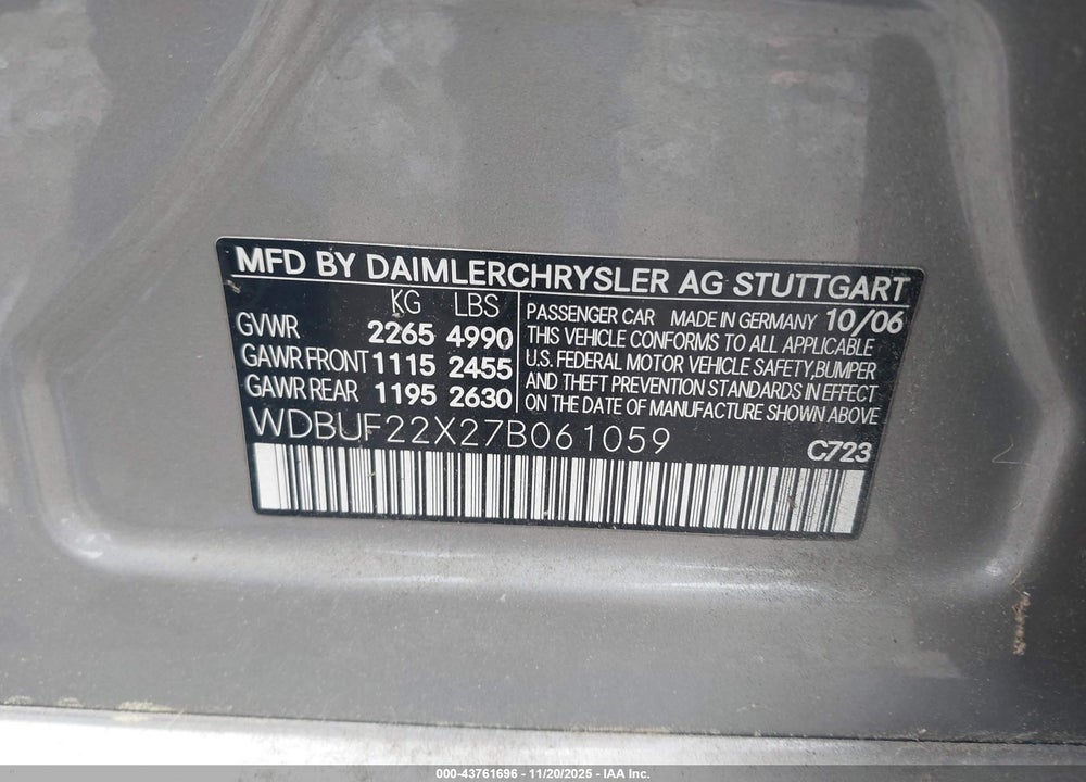 2007 MERCEDES-BENZ E 320 BLUETEC VIN: WDBUF22X27B061059