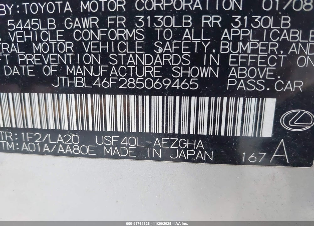 2008 LEXUS LS 460 VIN: JTHBL46F285069465