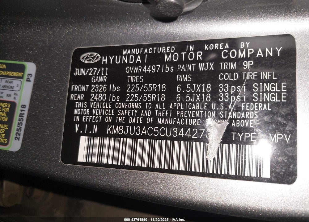 2012 HYUNDAI TUCSON VIN: KM8JU3AC5CU344273