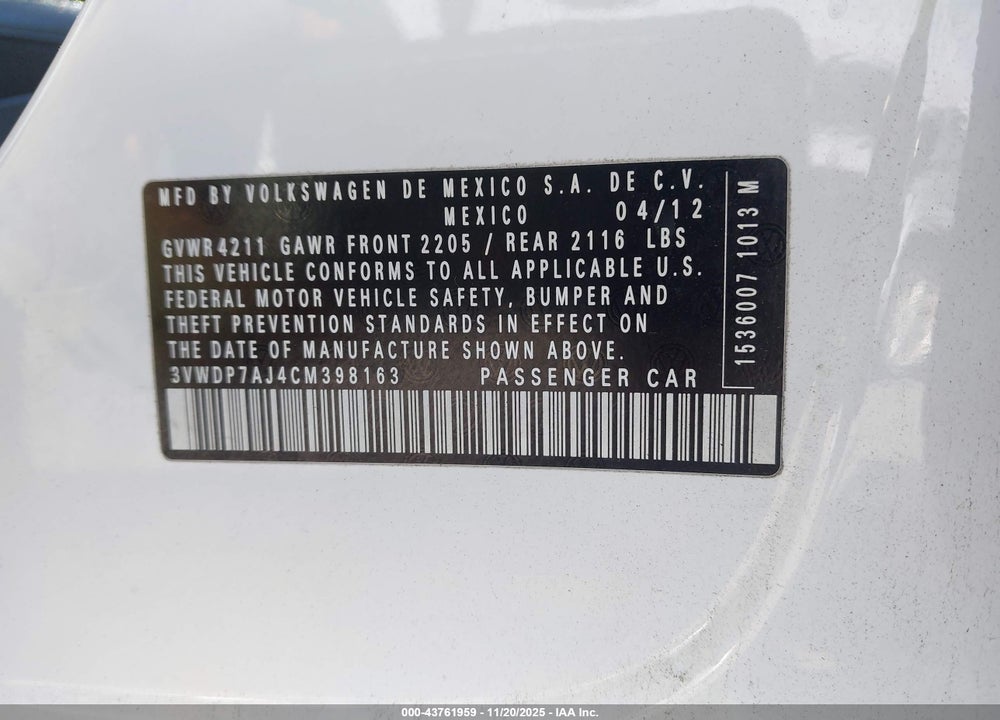 2012 VOLKSWAGEN JETTA 2.5L SE VIN: 3VWDP7AJ4CM398163