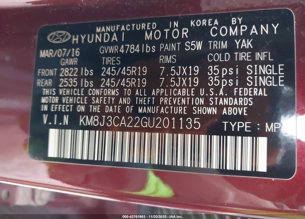 2016 HYUNDAI TUCSON LIMITED VIN: KM8J3CA22GU201135