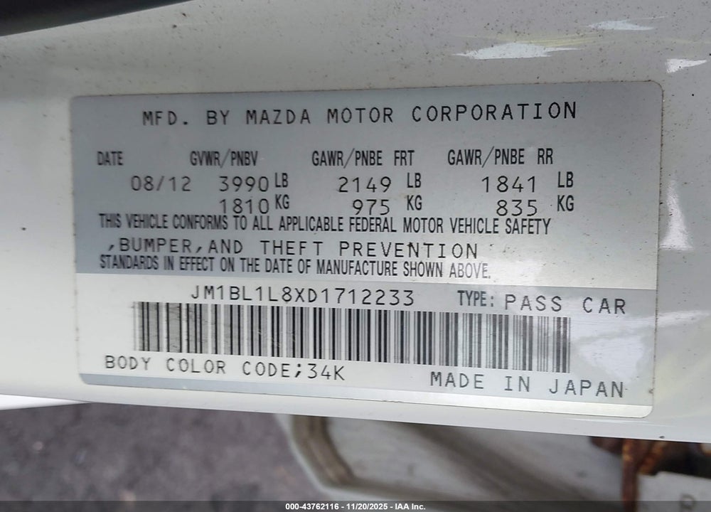 2013 MAZDA 3 I TOURING VIN: JM1BL1L8XD1712233