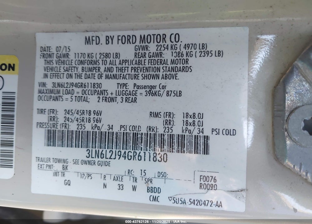 2016 LINCOLN MKZ VIN: 3LN6L2J94GR611830