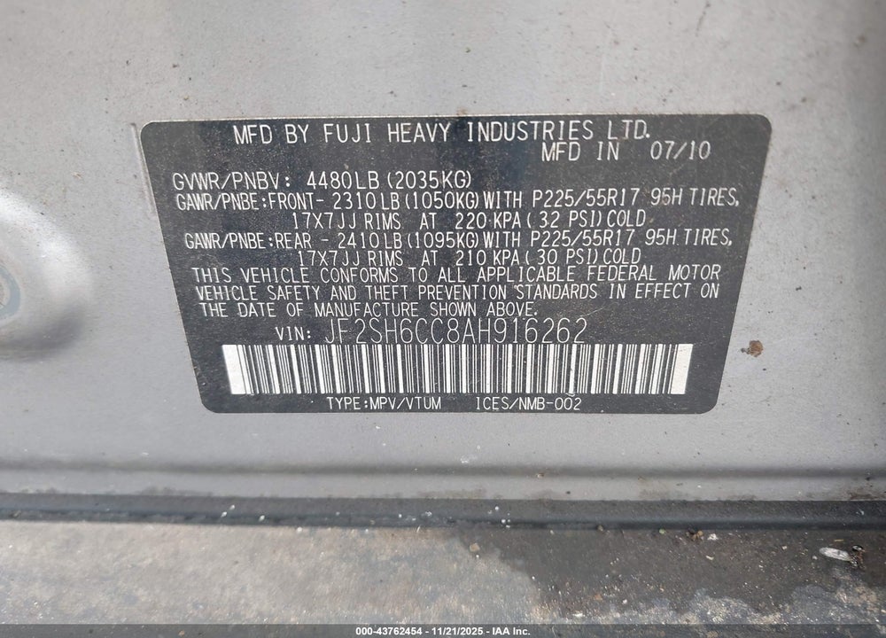 2010 SUBARU FORESTER 2.5X PREMIUM VIN: JF2SH6CC8AH916262