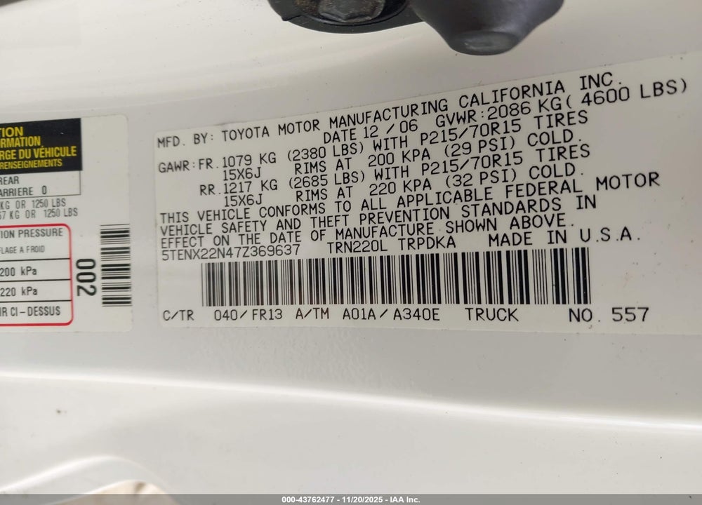 2007 TOYOTA TACOMA VIN: 5TENX22N47Z369637