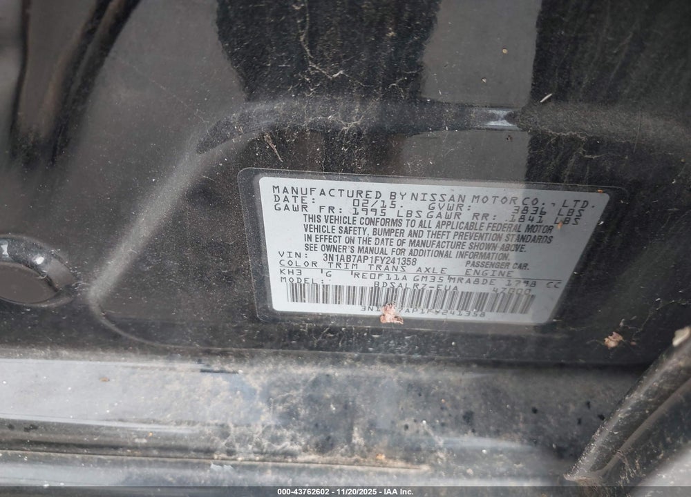 2015 NISSAN SENTRA SR VIN: 3N1AB7AP1FY241358