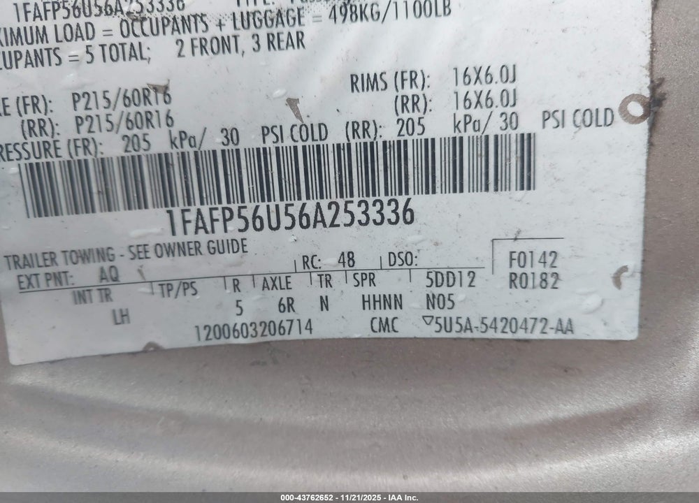 2006 FORD TAURUS VIN: 1FAFP56U56A253336