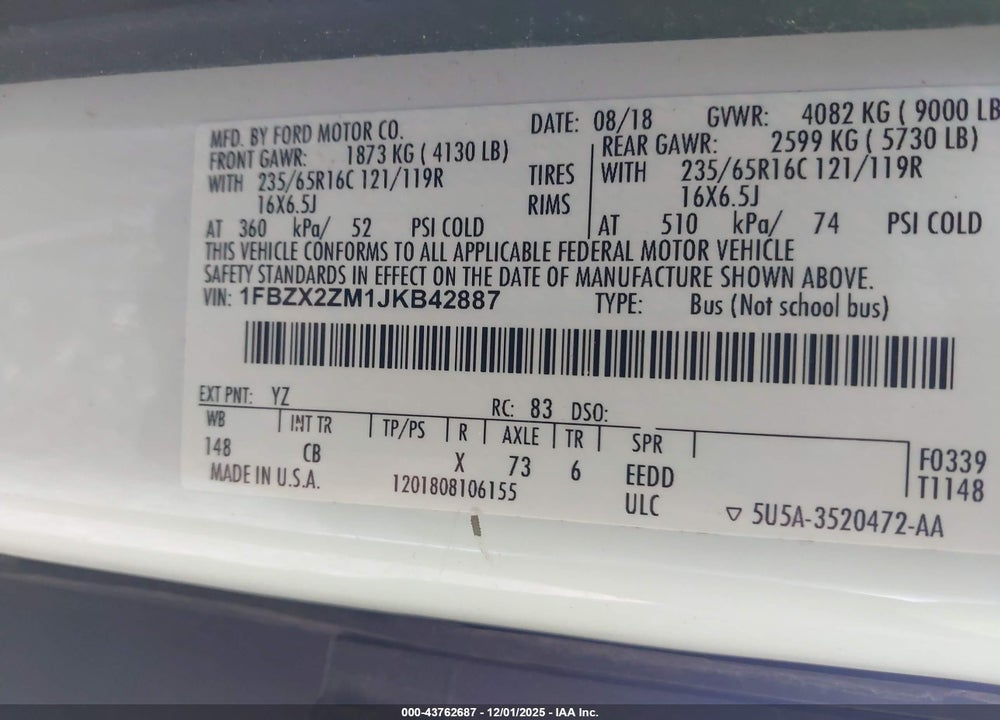 2018 FORD TRANSIT-350 XL VIN: 1FBZX2ZM1JKB42887