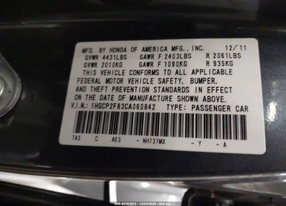 2012 HONDA ACCORD 2.4 EX-L VIN: 1HGCP2F83CA060842