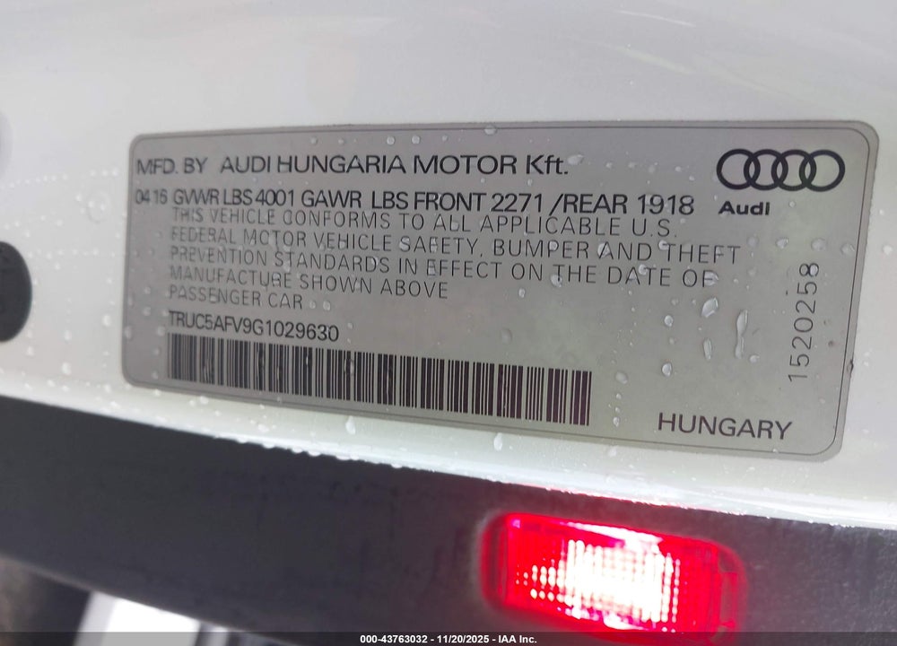 2016 AUDI TT 2.0T VIN: TRUC5AFV9G1029630