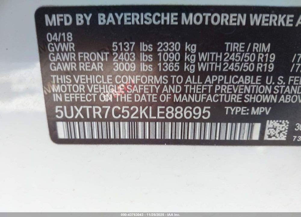 2019 BMW X3 SDRIVE30I VIN: 5UXTR7C52KLE88695