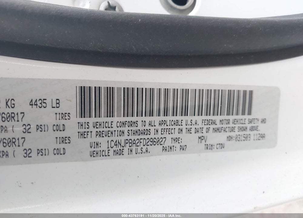 2015 JEEP PATRIOT ALTITUDE EDITION VIN: 1C4NJPBA2FD296027