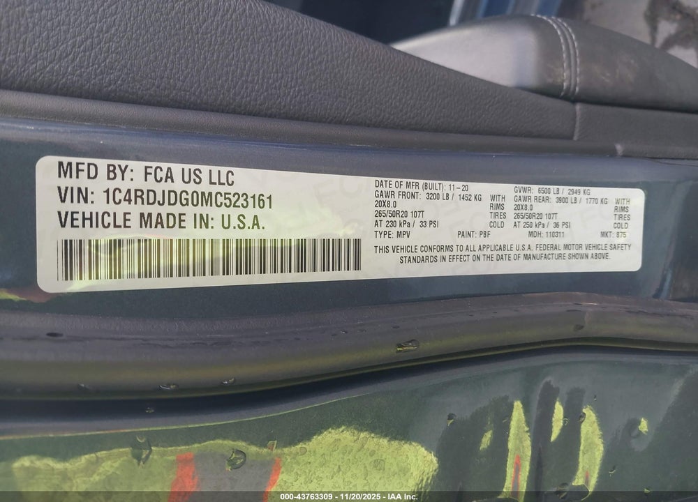 2021 DODGE DURANGO GT PLUS AWD VIN: 1C4RDJDG0MC523161