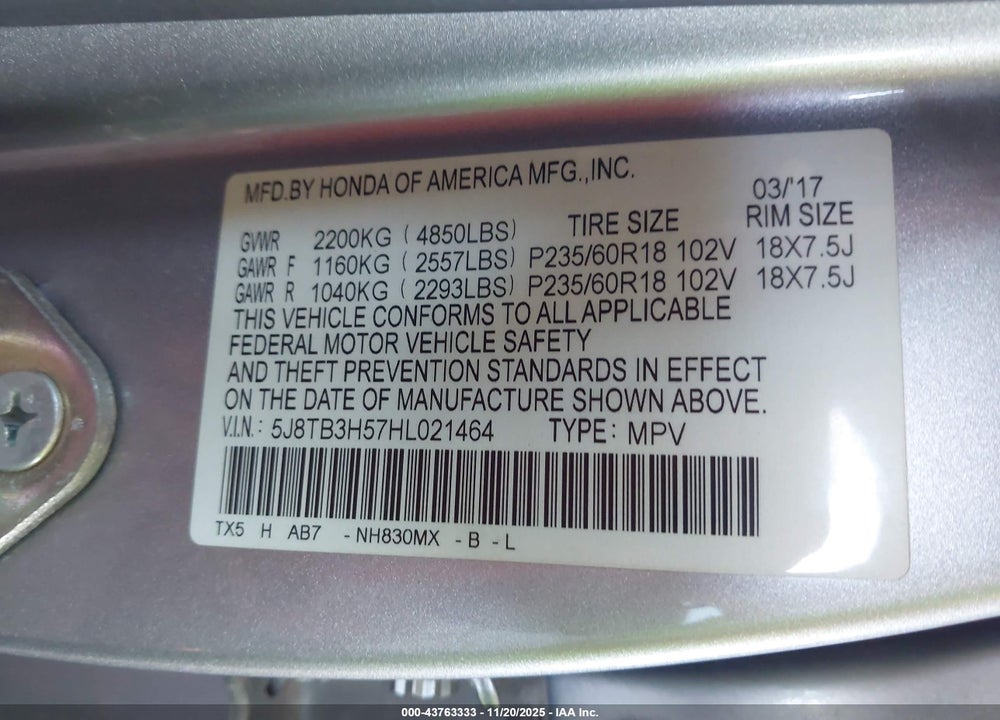 2017 ACURA RDX VIN: 5J8TB3H57HL021464