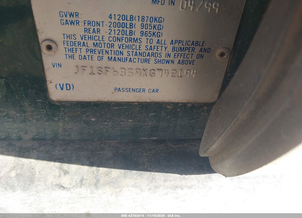1999 SUBARU FORESTER L VIN: JF1SF6359XG742194
