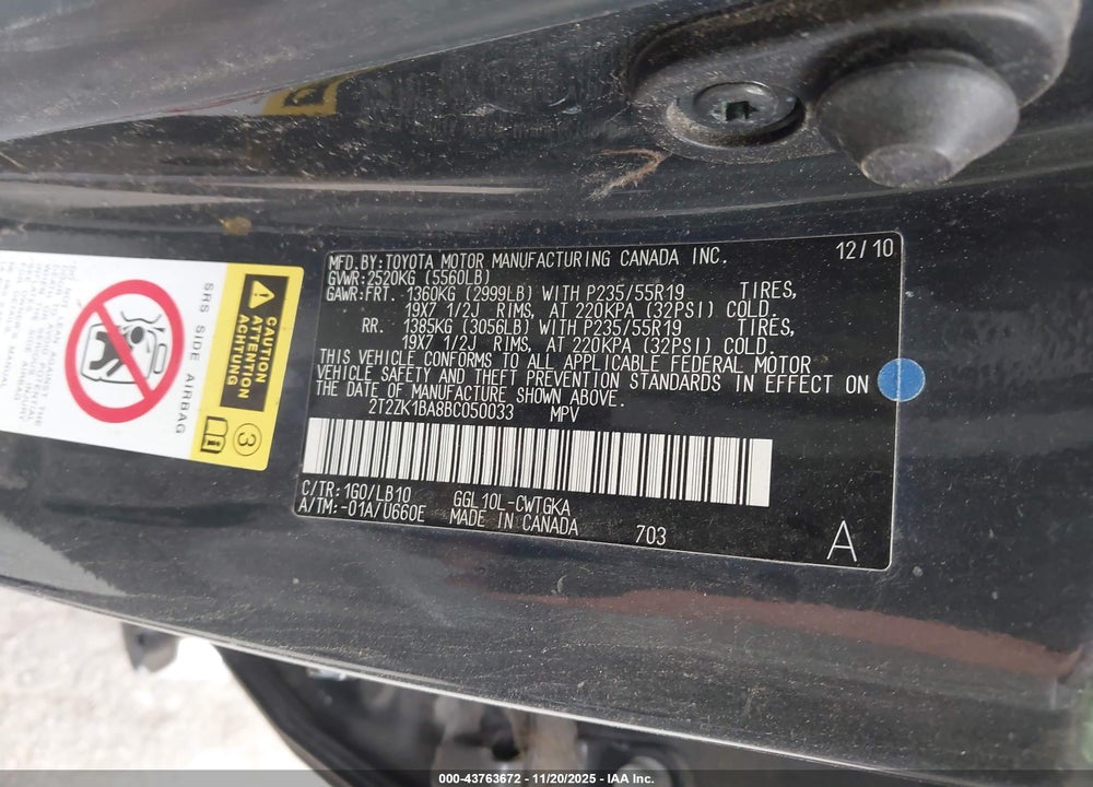 2011 LEXUS RX 350 VIN: 2T2ZK1BA8BC050033