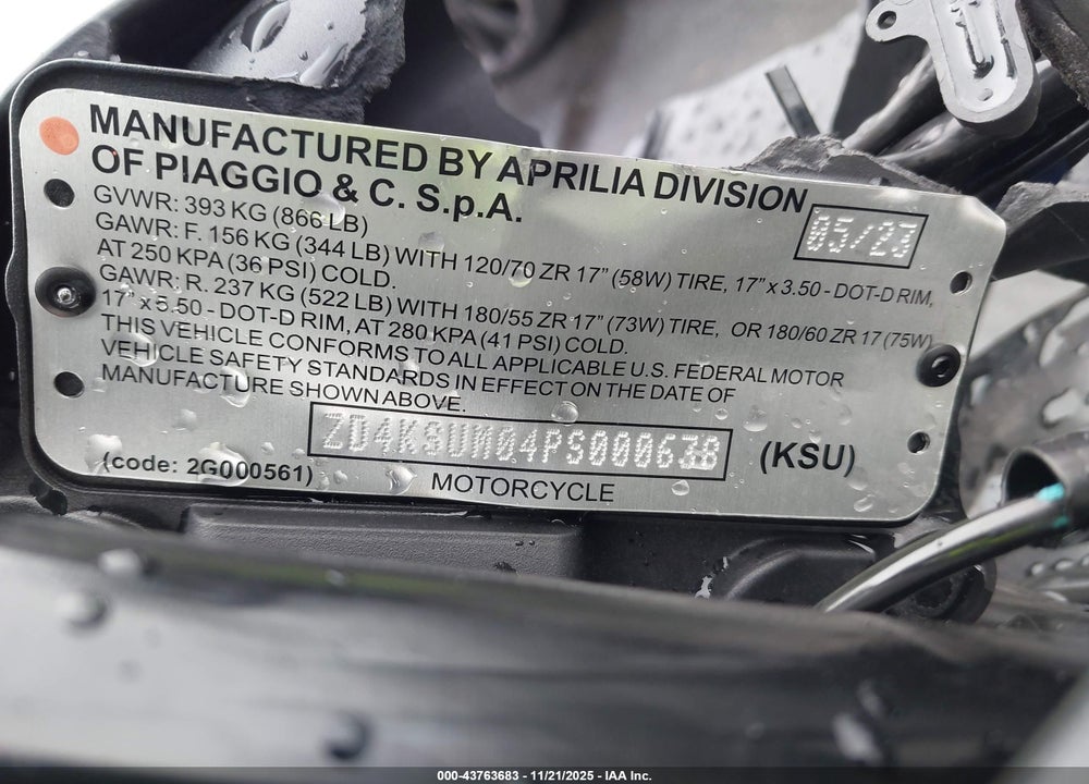 2023 APRILIA TUONO 660 FACTORY VIN: ZD4KSUM04PS000638