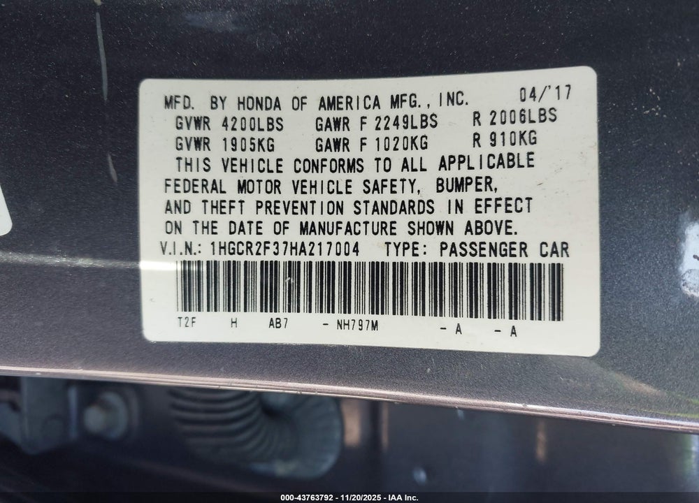 2017 HONDA ACCORD LX VIN: 1HGCR2F37HA217004