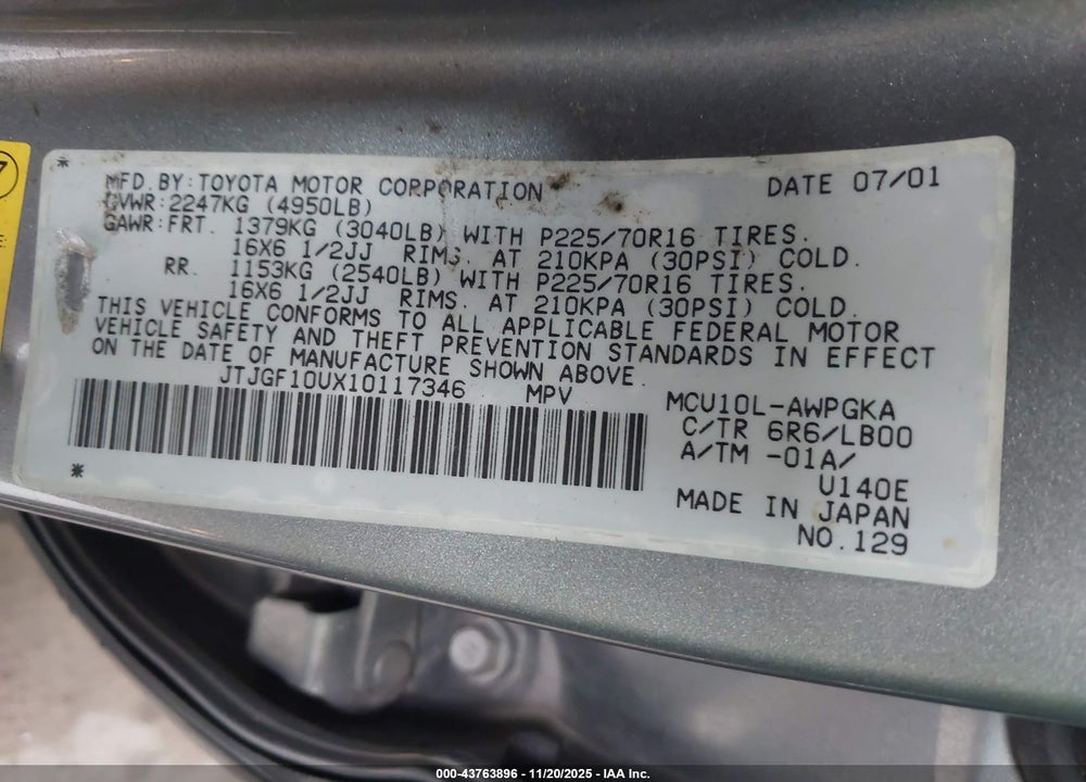 2001 LEXUS RX 300 VIN: JTJGF10UX10117346