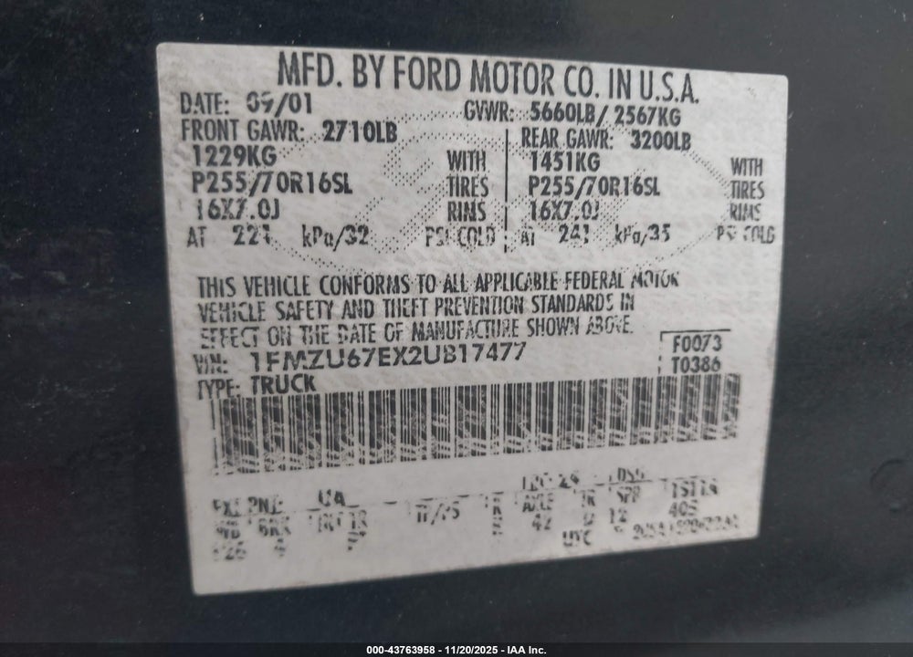 2002 FORD EXPLORER SPORT TRAC VIN: 1FMZU67EX2UB17477