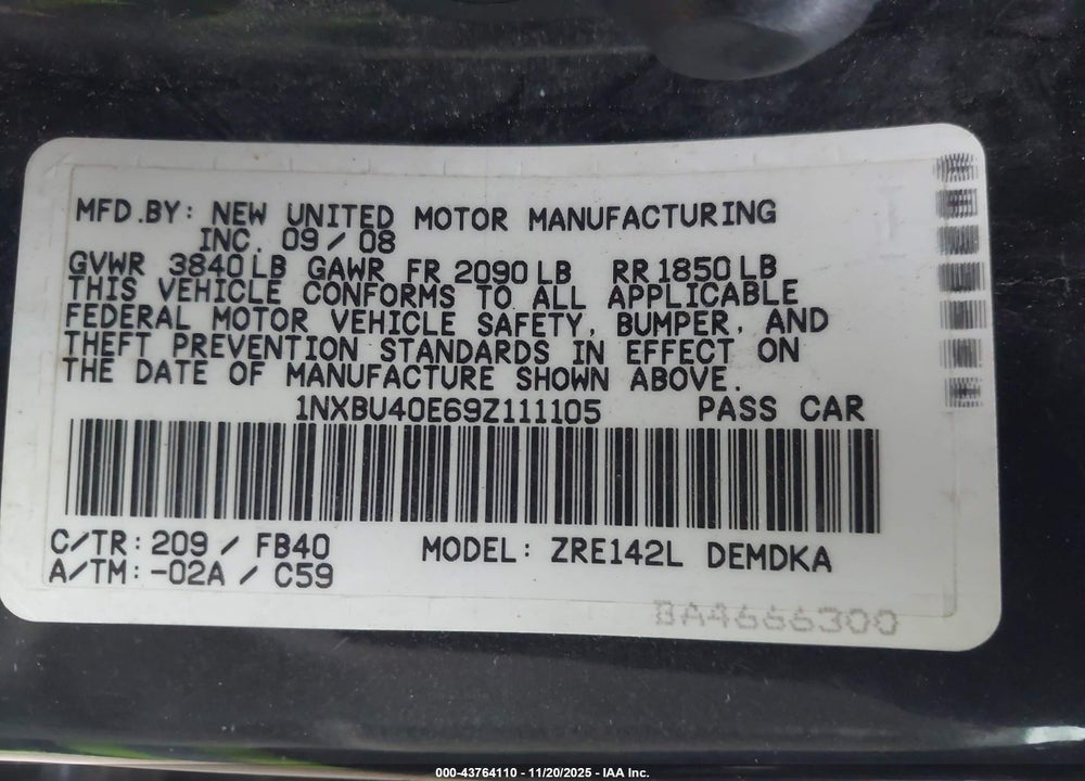 2009 TOYOTA COROLLA VIN: 1NXBU40E69Z111105