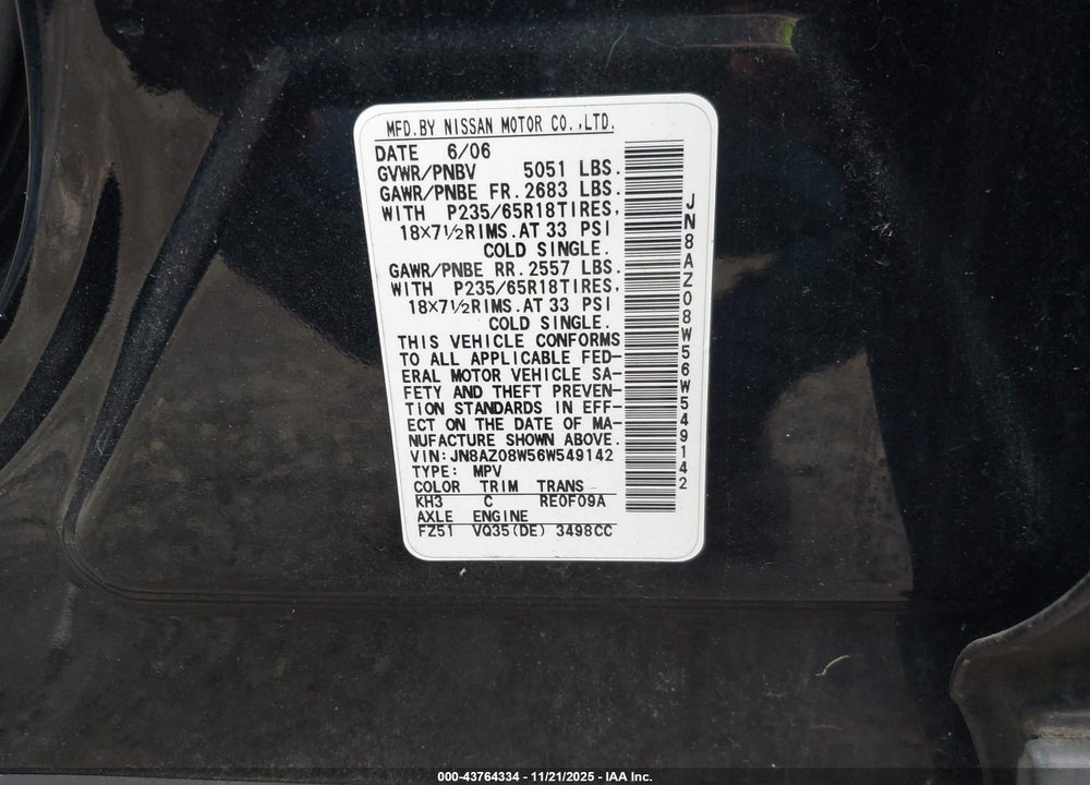 2006 NISSAN MURANO S VIN: JN8AZ08W56W549142