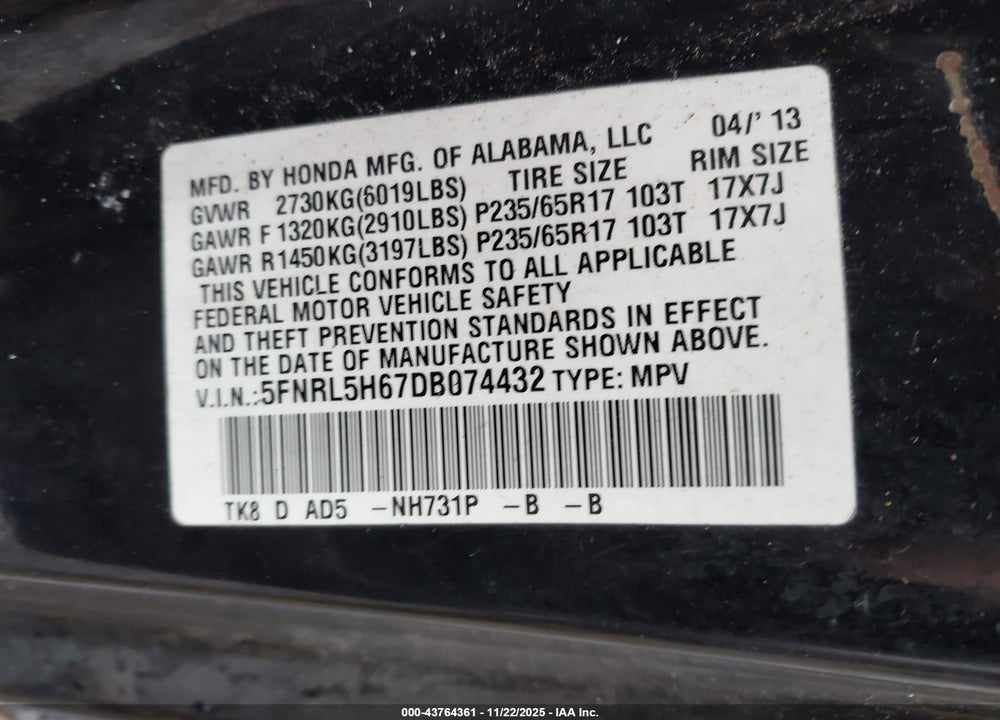 2013 HONDA ODYSSEY EX-L VIN: 5FNRL5H67DB074432