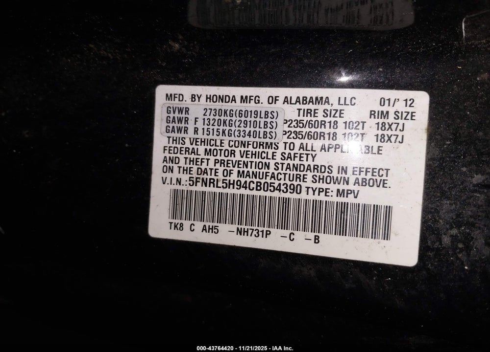 2012 HONDA ODYSSEY TOURING/TOURING ELITE VIN: 5FNRL5H94CB054390