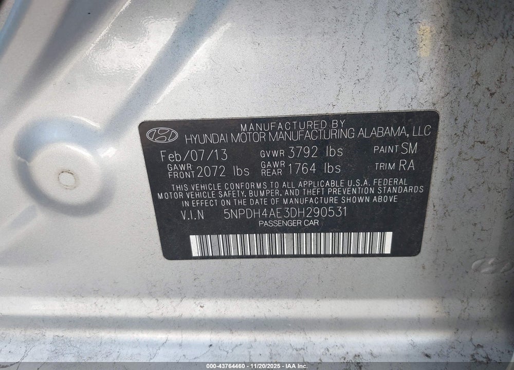 2013 HYUNDAI ELANTRA GLS VIN: 5NPDH4AE3DH290531